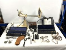 A VINTAGE FUSION EYE TESTER AND TWO OPTHALMASCOPES