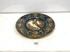 AUSTRIAN MAJOLICA CHARGER WITH EMBOSSED, NUDE LADY AND CHERUB, AND DECORATED BORDER, 40CMS