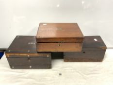 VICTORIAN ROSEWOOD AND MOTHER O PEARL INLAID SEWING BOX, WRITING BOX AND A TEA CADDY, ALL A/F