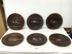 TEN DANISH MID-CENTURY SILVER INLAID ROSEWOOD WALL PLATES WITH INLAID INUIT SCENES BY ROBERT