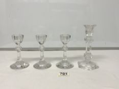 THREE VILLEROY AND BOCH GLASS CANDLESTICKS, 14CMS, AND A SINGLE GLASS CANDLESTICK