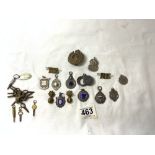 SEVEN HALLMARKED SILVER MEDALLIONS, A SILVER ARP BADGE, MILITARY BADGES AND WATCH KEYS