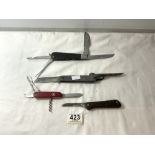 FOUR VINTAGE PEN KNIVES INCLUDES JACK KNIVES, VICTORINOX EKA OF SWEDEN