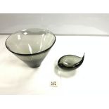 HOLMEGAARD SMOKEY GLASS VASE SIGNED TO BASE, 18 X 24CMS, AND HOLMEGAARD GLASS ASH TRAY