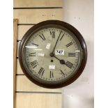 CIRCULAR MAHOGANY ENGLISH FUSEE WALL CLOCK WITH A 10INCH DIAL