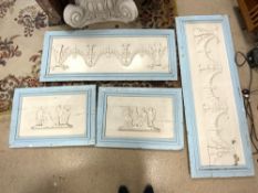 FOUR ANTIQUE FRENCH CHATEAU WOOD AND PLASTER WALL PANELS, THE LARGEST 160 X 59CMS