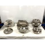 A QUANTITY OF SILVER-PLATED WARE SWING HANDLE CAKE BASKETS, PLATED COMPORT AND A PLATED CAKE STAND