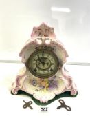 FLORAL CERAMIC CASED MANTLE CLOCK, CERAMIC BY BONN GERMANY AND THE MOVEMENT 'ANSONIA', 32 X 32CMS