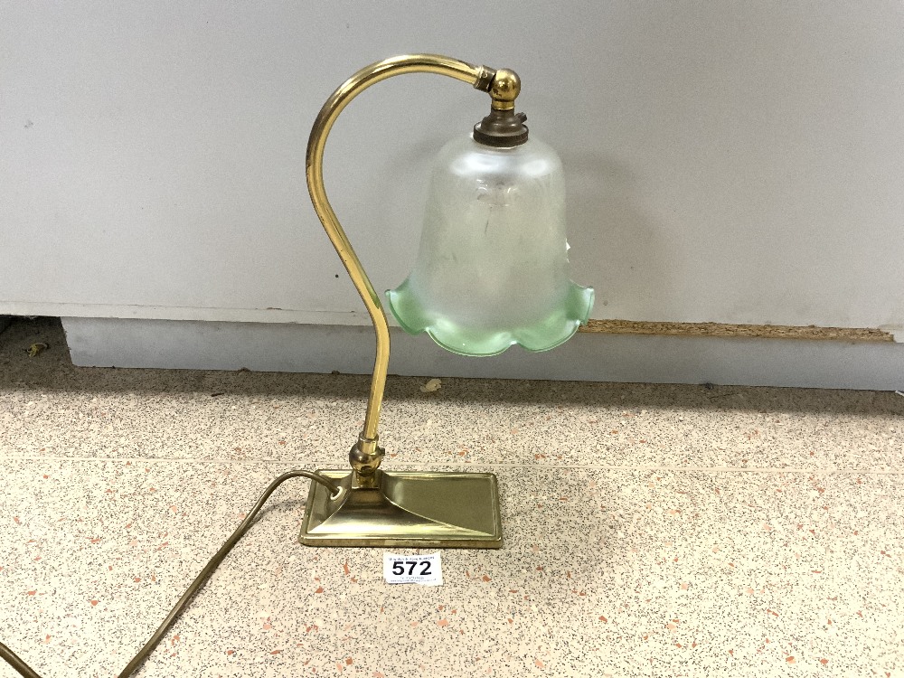 1930'S BRASS ADJUSTABLE TABLE LAMP WITH ACID ETCHED GREEN GLASS SHADE, 34CMS - Image 2 of 3