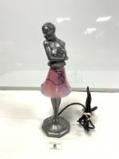 ART DECO STYLE LADY FIGURE LAMP WITH GLASS SHADE AS SKIRT, 35CMS