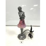 ART DECO STYLE LADY FIGURE LAMP WITH GLASS SHADE AS SKIRT, 35CMS