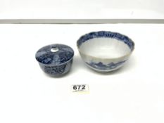 CHINESE BLUE AND WHITE RICE BOWL AND COVER WITH CHARACTER MARK TO BASE, 9CMS, AND ENGLISH CHINESE