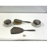 HALLMARKED SILVER ENGINE TURNED DRESSING TABLE SET - INCLUDES TWO PIN JARS, HAND MIRROR AND BRUSH