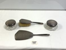 HALLMARKED SILVER ENGINE TURNED DRESSING TABLE SET - INCLUDES TWO PIN JARS, HAND MIRROR AND BRUSH