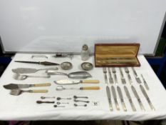 A QUANTITY OF PLATED CUTLERY, CANDLE SNUFFERS AND SERVERS