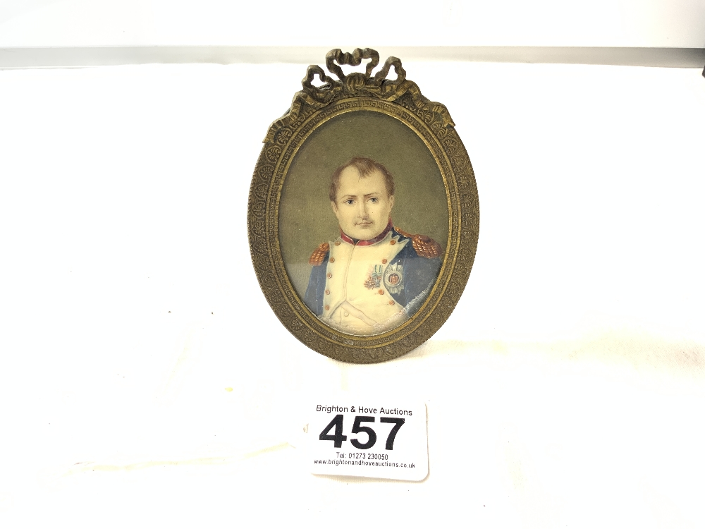 OVAL HANDPAINTED PORTRAIT OF NAPOLEON IN OVAL GILT METAL FRAME, 11 X 8.5CMS