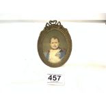 OVAL HANDPAINTED PORTRAIT OF NAPOLEON IN OVAL GILT METAL FRAME, 11 X 8.5CMS