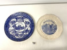 A MASON'S LIONSTONE BLUE AND WHITE PICTURE PLATE OF THE ROYAL PAVILION BRIGHTON, 27CMS AND A BLUE
