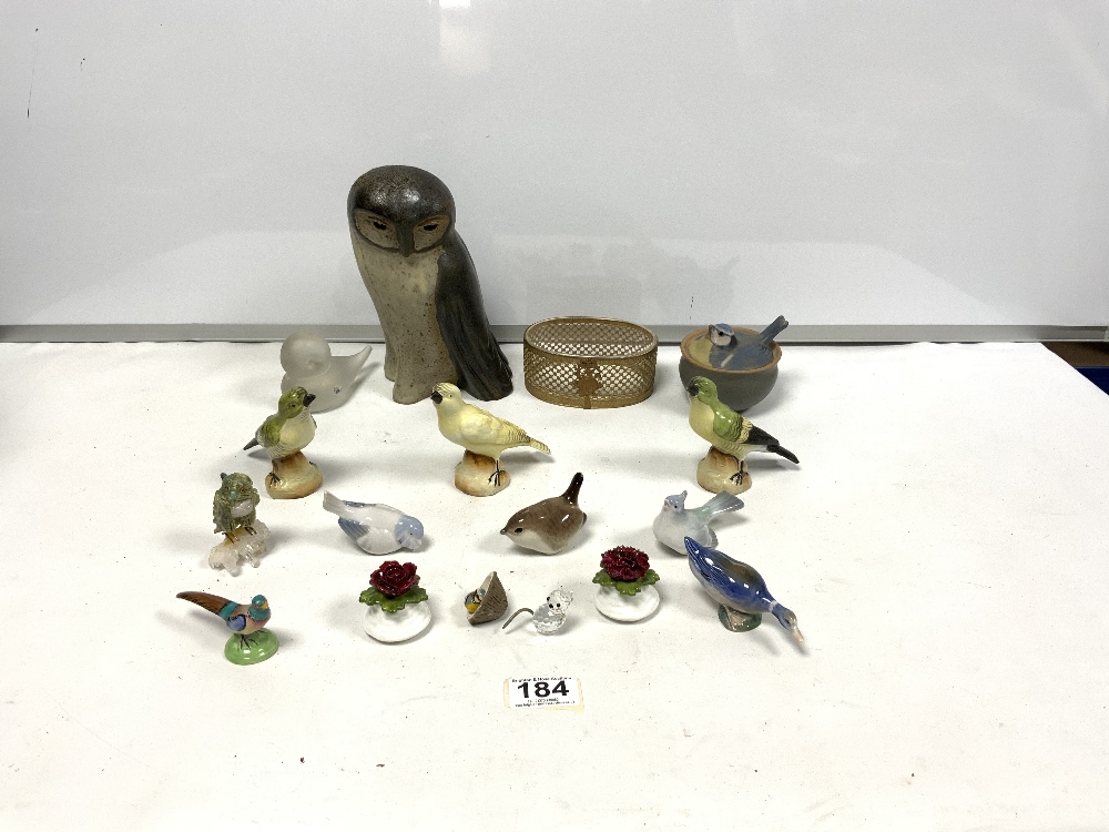 OVAL GILT METAL AND GLASS DISH, PORCELAIN BIRD FIGURES, A FROSTED GLASS DUCK ETC