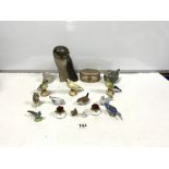OVAL GILT METAL AND GLASS DISH, PORCELAIN BIRD FIGURES, A FROSTED GLASS DUCK ETC