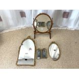 OVAL BRASS FRAMED WALL MIRROR, 35 X 68CMS, YEW WOOD SKELETON SWING MIRROR, AND TWO FLORAL STILL