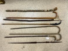 QUANTITY OF WALKING STICKS, SHILLELAGH, HORN HANDLE, SPEAR, AND MORE