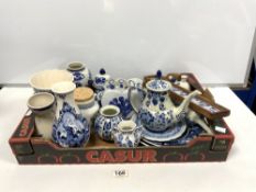 A QUANTITY OF DUTCH DELFT, BLUE AND WHITE CHINA, INCLUDES A TULIP VASE, OTHER VASES, A COFFEE POT