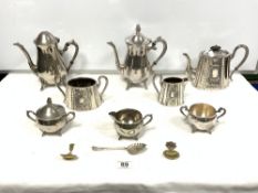 ENGRAVED THREE-PIECE PLATED TEA SET, AND A PLATED FIVE-PIECE TEA AND COFFEE SET