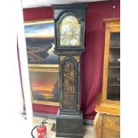 ANTIQUE CHINOISERIE BLACK AND GOLD LACQUER CASED EIGHT-DAY LONGCASE CLOCK WITH EMBOSSED BRASS AND