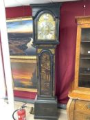 ANTIQUE CHINOISERIE BLACK AND GOLD LACQUER CASED EIGHT-DAY LONGCASE CLOCK WITH EMBOSSED BRASS AND