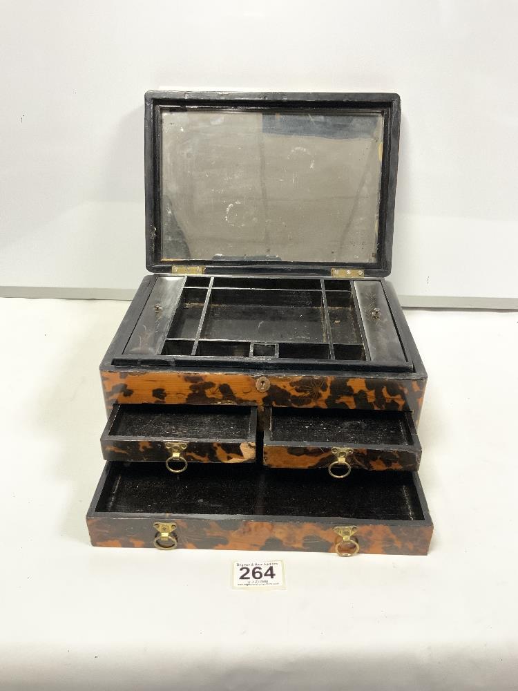 VICTORIAN TORTOISE SHELL VANITY BOX, WITH THREE DRAWERS AND FITTED INTERIOR (A/F), 30 X 14CMS - Image 3 of 4