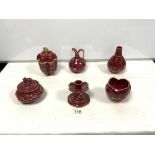 A COLLECTION OF 'RED ROBIN' CERAMICS - UPSALA - EKEBY- CANDLESTICK, TWO LIDDED JARS, VASE, JUG AND A