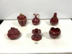 A COLLECTION OF 'RED ROBIN' CERAMICS - UPSALA - EKEBY- CANDLESTICK, TWO LIDDED JARS, VASE, JUG AND A