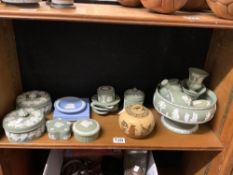 SIXTEEN PIECES OF GREEN WEDGWOOD JASPER WARE CHINA ITEMS, INCLUDING A FRUIT BOWL, TWO POTS AND