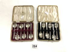 TWO SETS OF HALLMARKED SILVER TEASPOONS IN CASES, 128 GRAMS