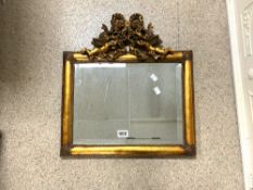 VINTAGE BEVELLED MIRROR GILDED FRAME DECORATED WITH CHERUBS, 49 X 54CMS