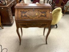 ITALIAN DESIGN WRITING DESK WITH FITTED INTERIOR AND MARQUETRY WORKED, 99 X 77CMS
