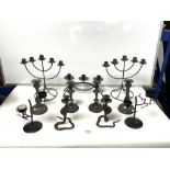 A PAIR OF EASTERN BRASS SNAKE FORM CANDLESTICKS, A PAIR OF PEWTER CANDLESTICKS, METAL