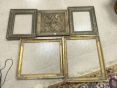 FOUR WOODEN CARVED PICTURE FRAMES WITH CARVED WOODEN DOOR, THE LARGEST, 73 X 84CMS