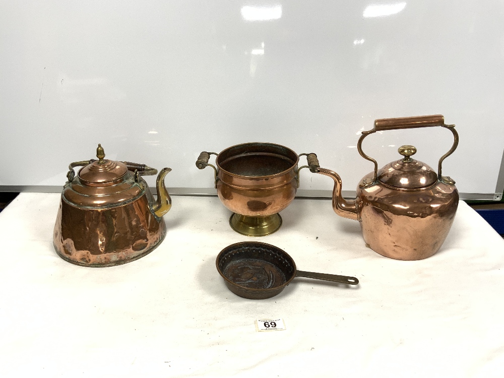 TWO VICTORIAN COPPER KETTLE'S, SMALL SAUCEPAN AND TWO HANDLE COPPER VASE