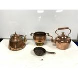 TWO VICTORIAN COPPER KETTLE'S, SMALL SAUCEPAN AND TWO HANDLE COPPER VASE