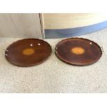 TWO REPRODUCTION OVAL SHELL INLAID DRINKS TRAYS, MAHOGANY AND YEW WOOD