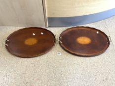 TWO REPRODUCTION OVAL SHELL INLAID DRINKS TRAYS, MAHOGANY AND YEW WOOD