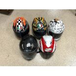 FIVE MOTORCYCLE CRASH HELMETS, AGV, HJC, AND MORE