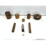 TWO TREEN NEEDLE CASES, AND FOUR TREEN POTS ETC