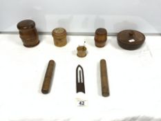 TWO TREEN NEEDLE CASES, AND FOUR TREEN POTS ETC