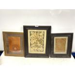 THREE FRAMED PIECES OF IRANIAN SCRIPTURE, ONE WITH GOLD LEAF, THE LARGEST 19 X 28CMS