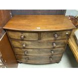 EARLY VICTORIAN FLAME MAHOGANY BOW FRONT CHEST OF FIVE DRAWERS, ON TURNED LEGS, 105 X 56 X 104CMS