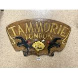 CARVED WOODEN SIGN FOR - TAMMORIE - LONDON WITH BIRD AND FISH DETAIL, 76CMS