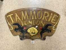 CARVED WOODEN SIGN FOR - TAMMORIE - LONDON WITH BIRD AND FISH DETAIL, 76CMS